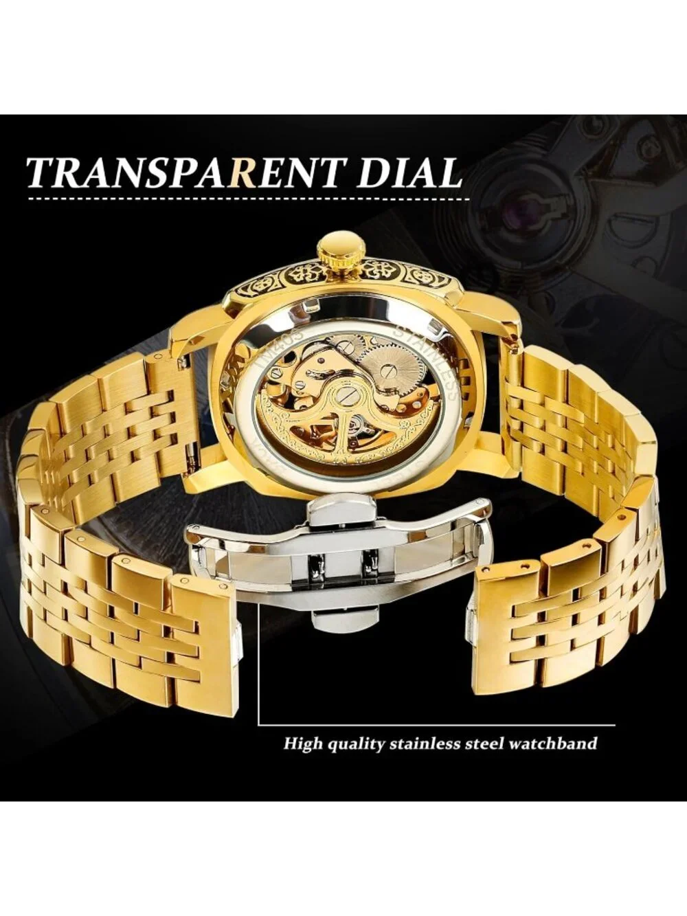Mens All Gold Square Mechanical Stainless Steel Self-Wind Carved Automatic Watch